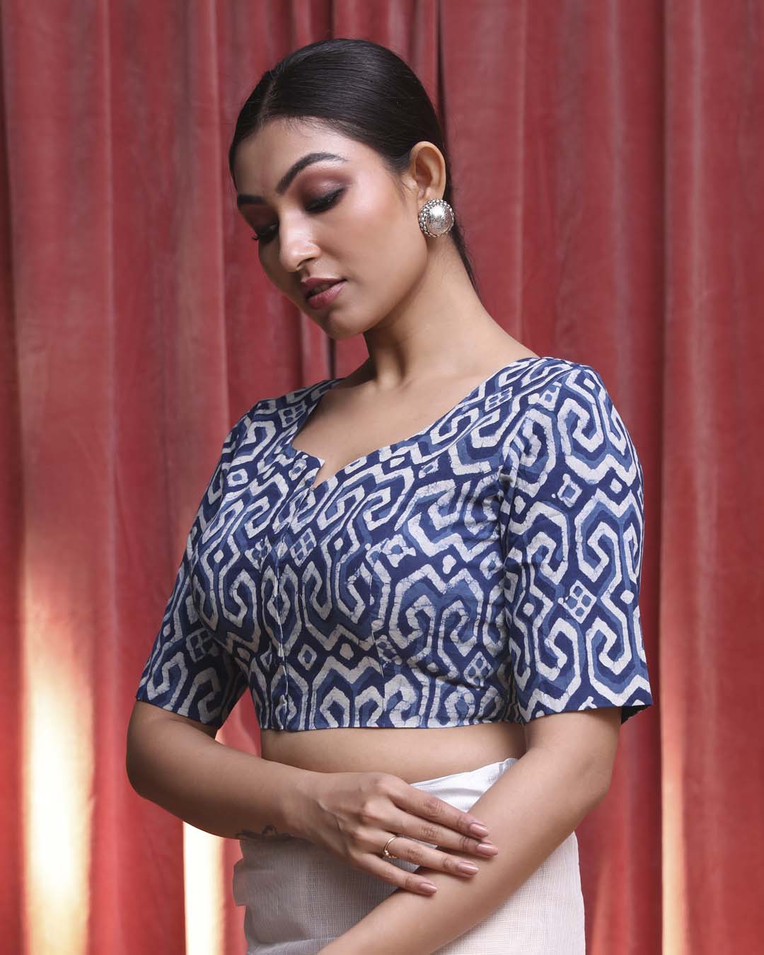 Indethnic Blue Work Wear U-Neck Short Sleeves Blouse(DESIGNER SAREE BLOUSE)