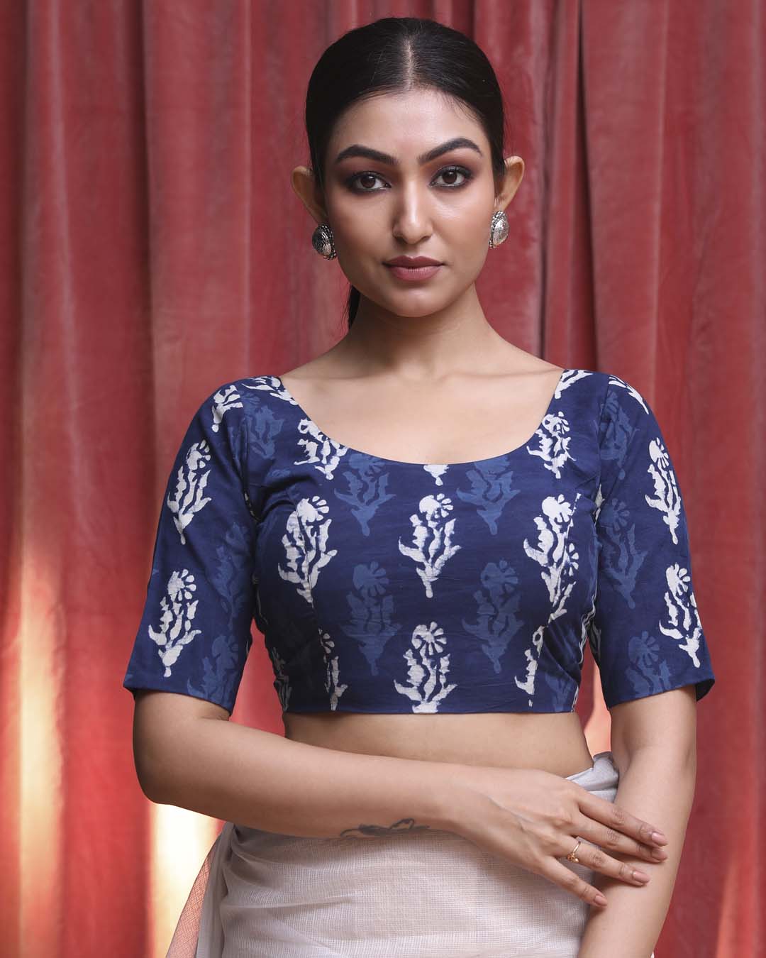 Indethnic Blue Work Wear U-Neck Short Sleeves Blouse(DESIGNER SAREE BLOUSE)