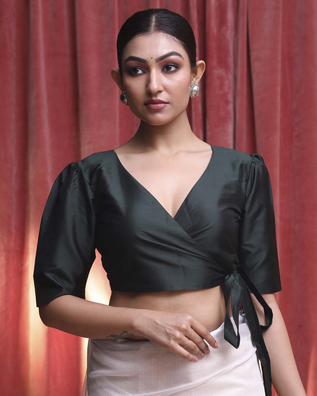 Indethnic Green Daily Wear V-Neck Short Sleeves Blouse(DESIGNER SAREE BLOUSE)