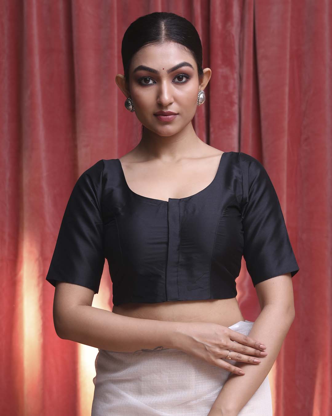 Indethnic Black Daily Wear U-Neck Short Sleeves Blouse(DESIGNER SAREE BLOUSE)