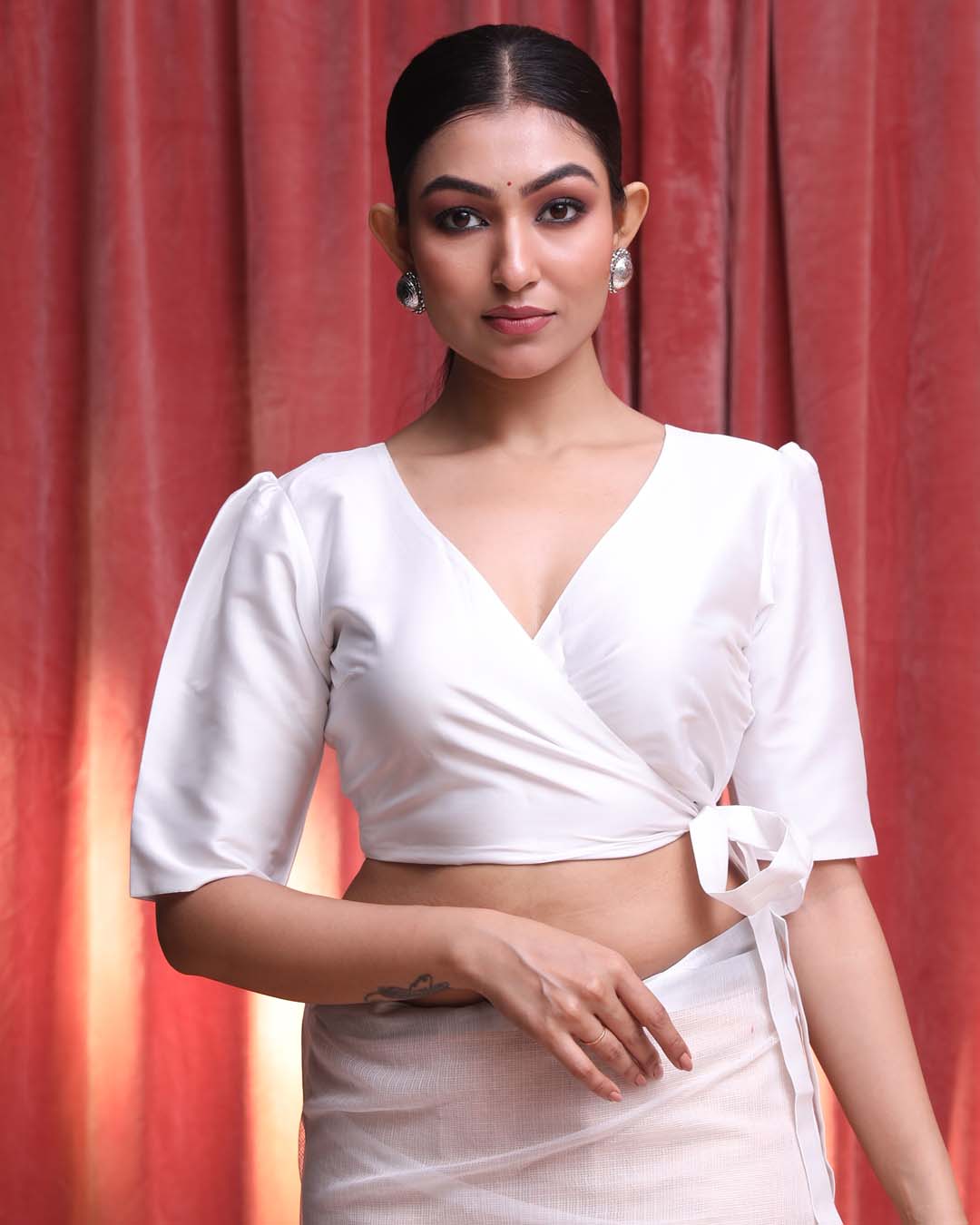 Indethnic White Daily Wear V-Neck Short Sleeves Blouse(DESIGNER SAREE BLOUSE)