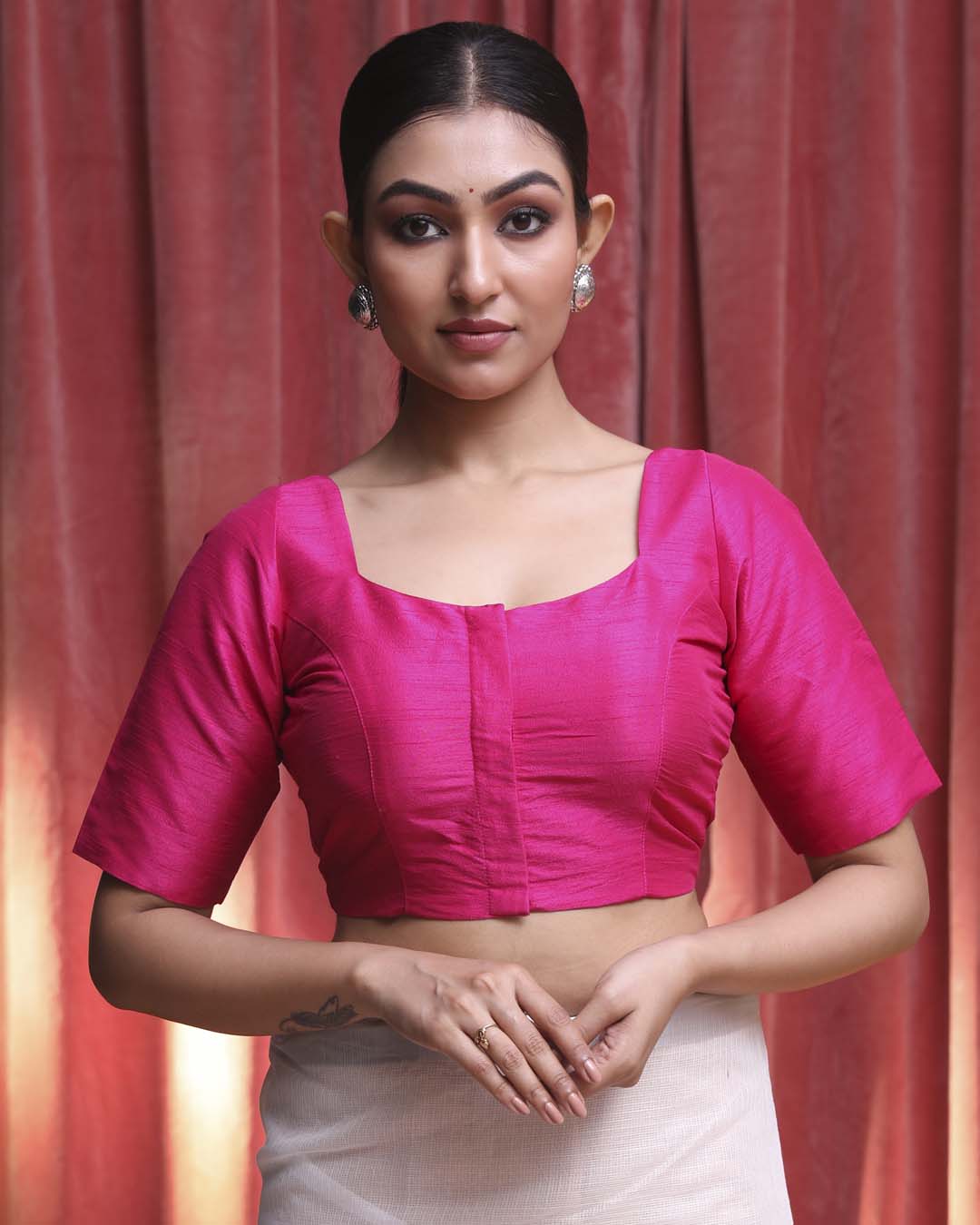 Indethnic Pink Work Wear U-Neck Short Sleeves Blouse(DESIGNER SAREE BLOUSE)