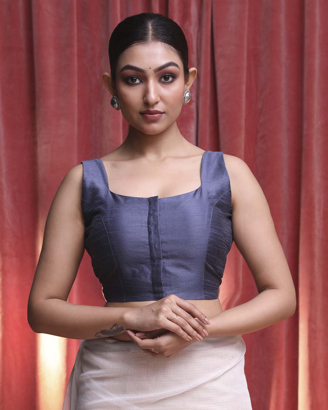 Indethnic Grey Work Wear Sweetheart Neck Sleeveless Blouse(DESIGNER SA