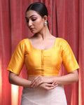Indethnic Yellow Daily Wear U-Neck Short Sleeves Blouse(DESIGNER SAREE BLOUSE)