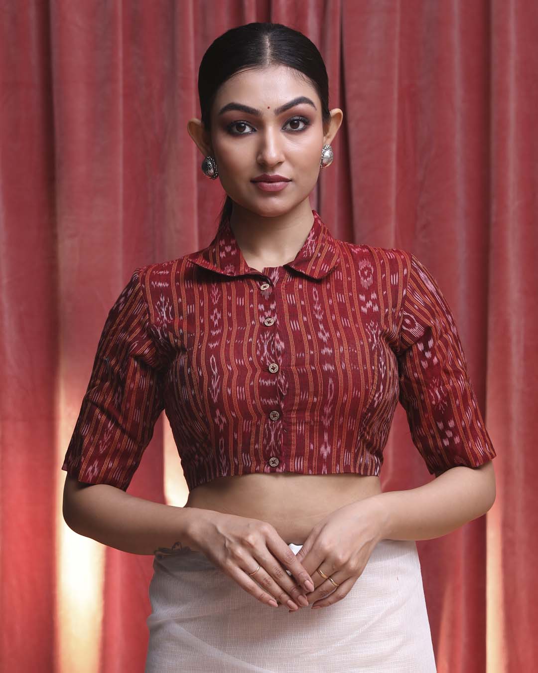 Indethnic Maroon Work Wear Shirt Collar Short Sleeves Blouse(DESIGNER