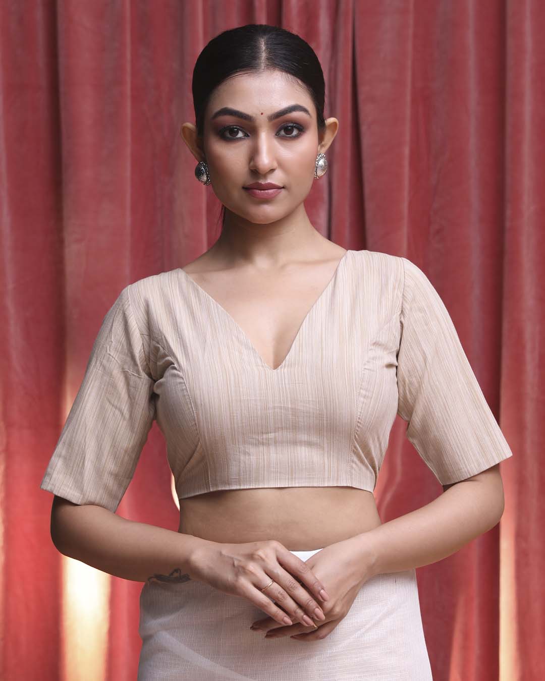 Indethnic Beige Work Wear V-Neck Short Sleeves Blouse(DESIGNER SAREE B