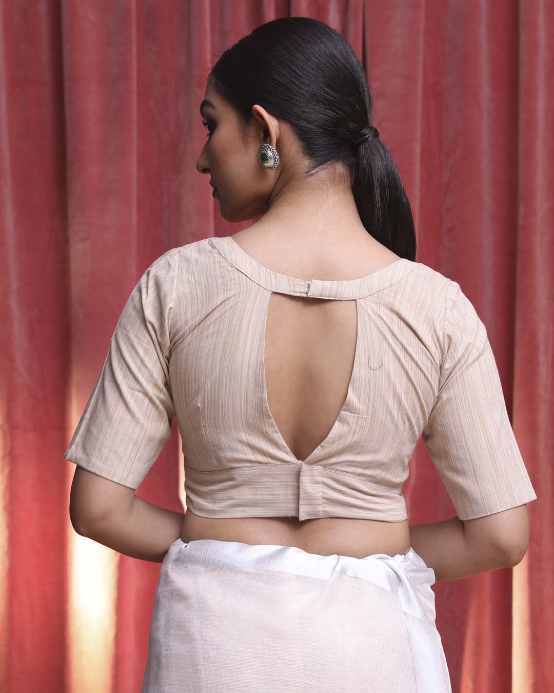 Indethnic Beige Work Wear V-Neck Short Sleeves Blouse(DESIGNER SAREE BLOUSE)