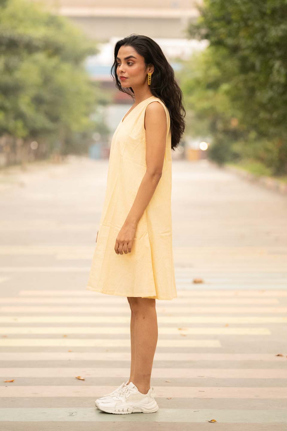 Sun Dot — Cotton Stripe Dress with Dot Shrug and Attached Stole
