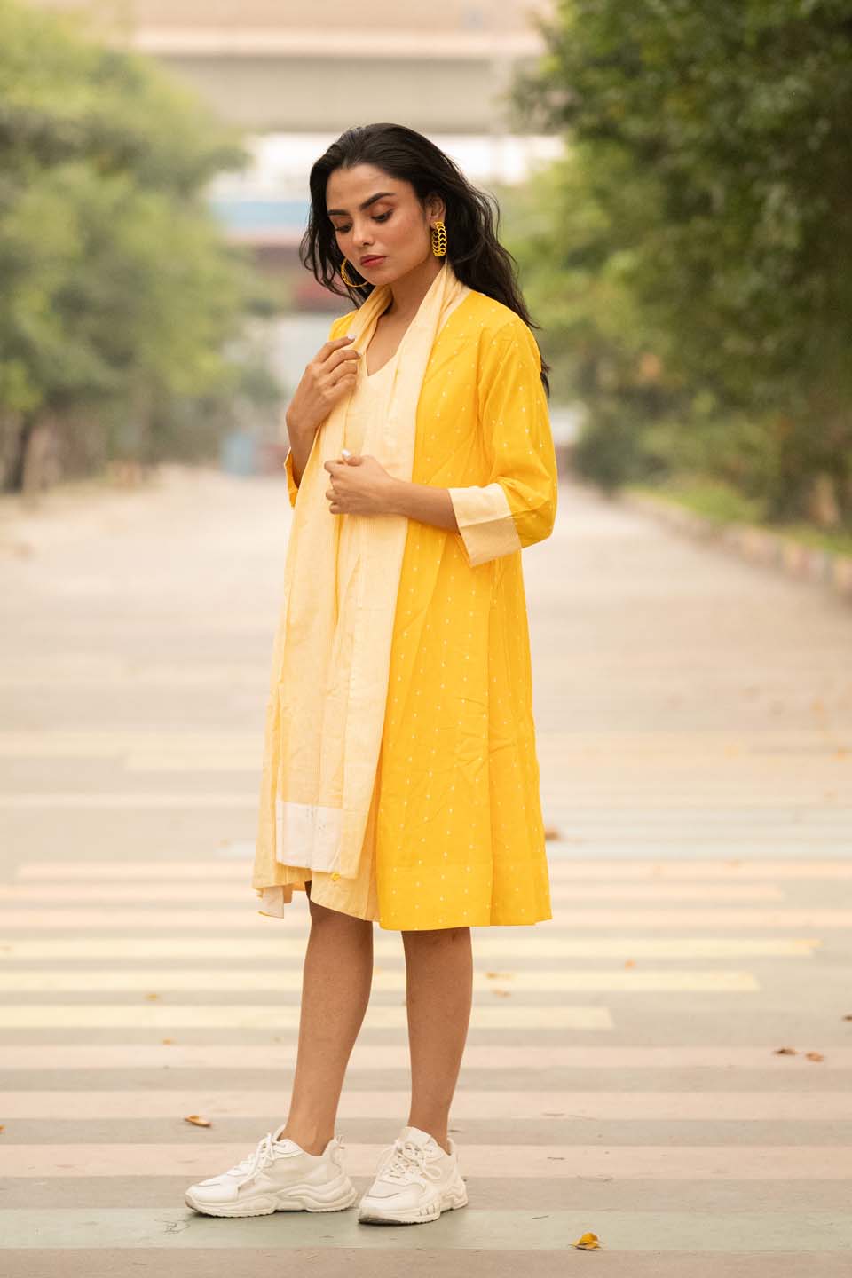 Sun Dot — Cotton Stripe Dress with Dot Shrug and Attached Stole