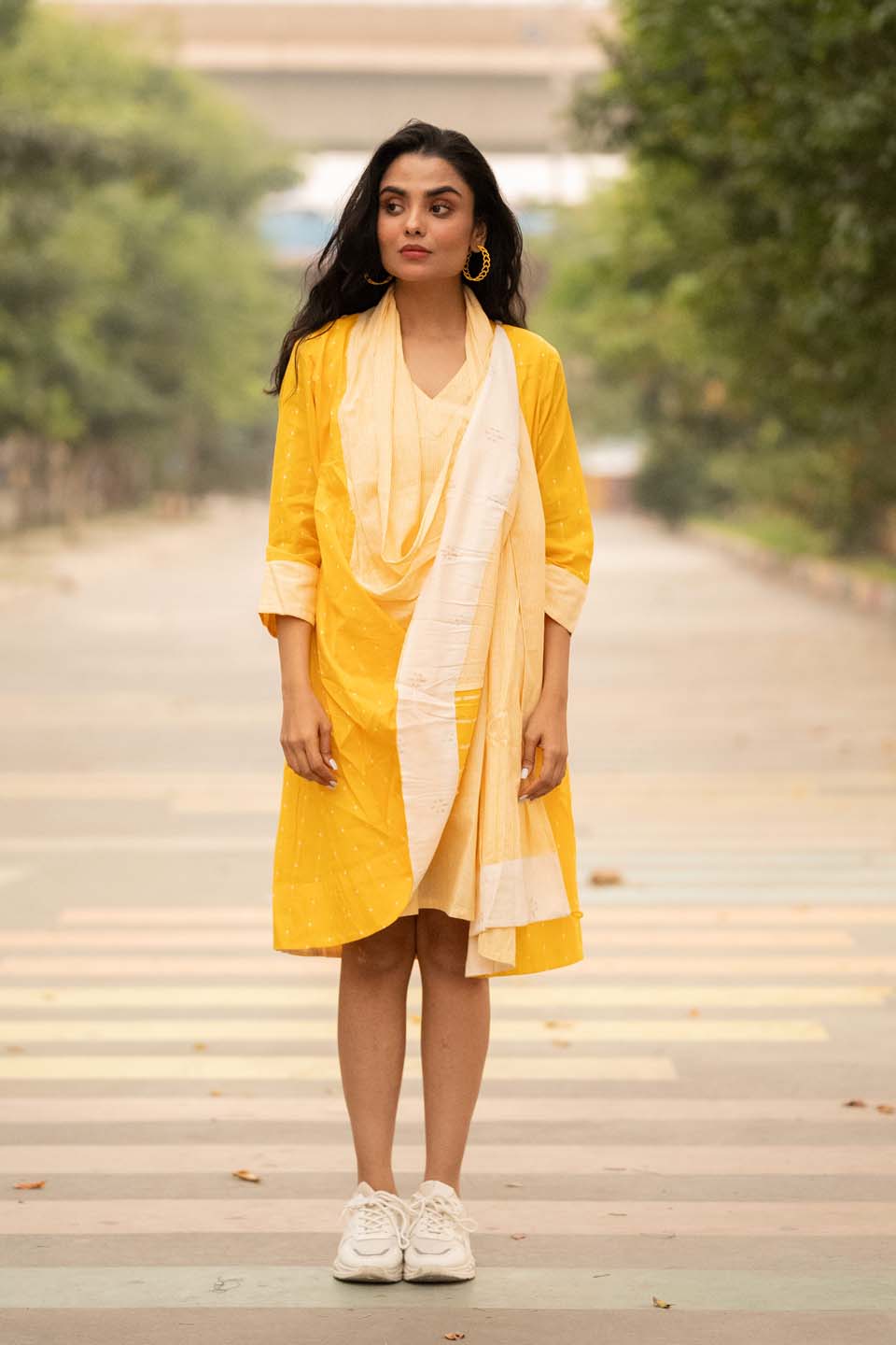 Sun Dot — Cotton Stripe Dress with Dot Shrug and Attached Stole