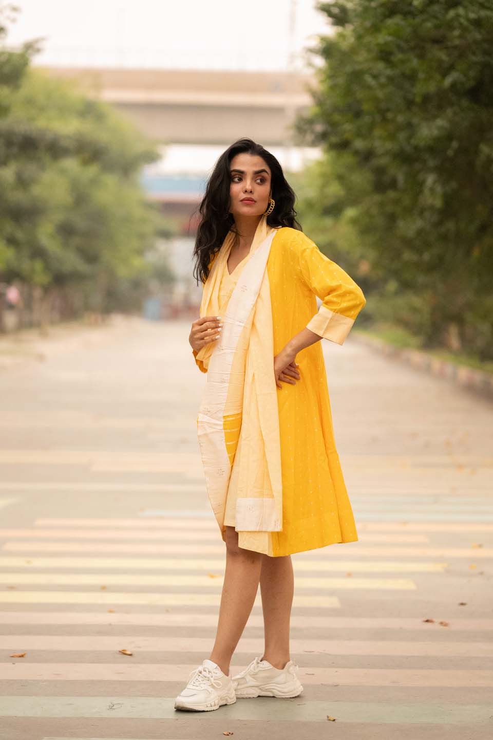 Sun Dot — Cotton Stripe Dress with Dot Shrug and Attached Stole