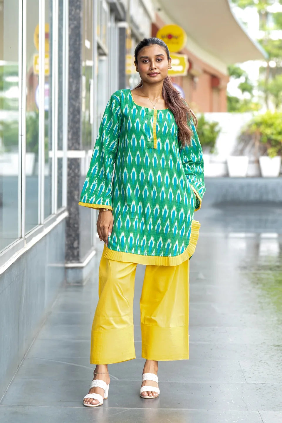 Fern Ikat — Green Ikat Cotton Tunic & Palazzo Set