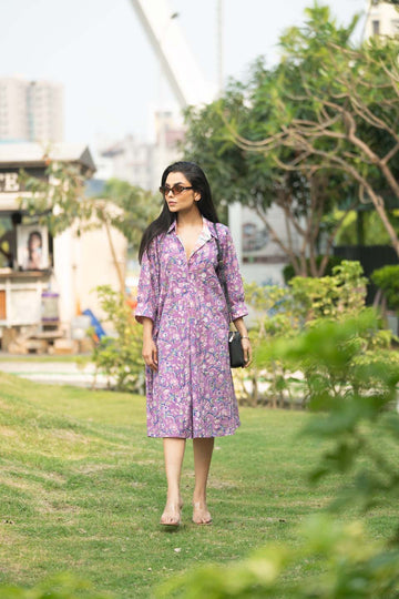 Violet Garden — Bagru Block Print Midi Shirt Dress