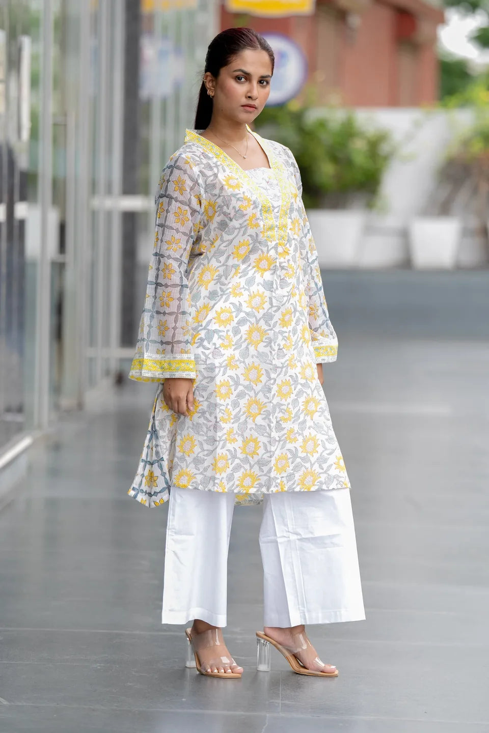 Marigold Mist — Floral Block Print Cotton Kurta with Border Neck