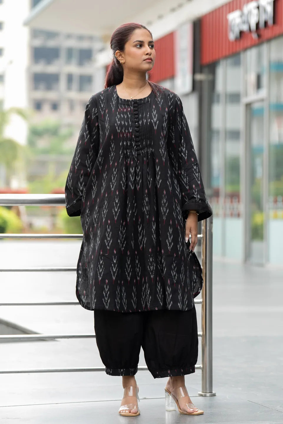 Midnight Ikat — Black Ikat Cotton Kurti & Hem Pleated Pant Set