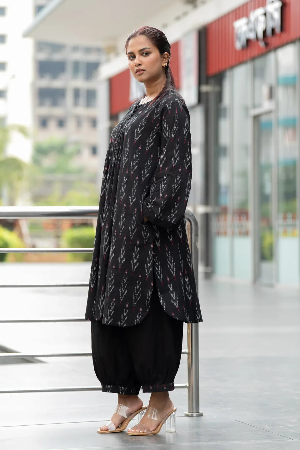 Midnight Ikat — Black Ikat Cotton Kurti & Hem Pleated Pant Set