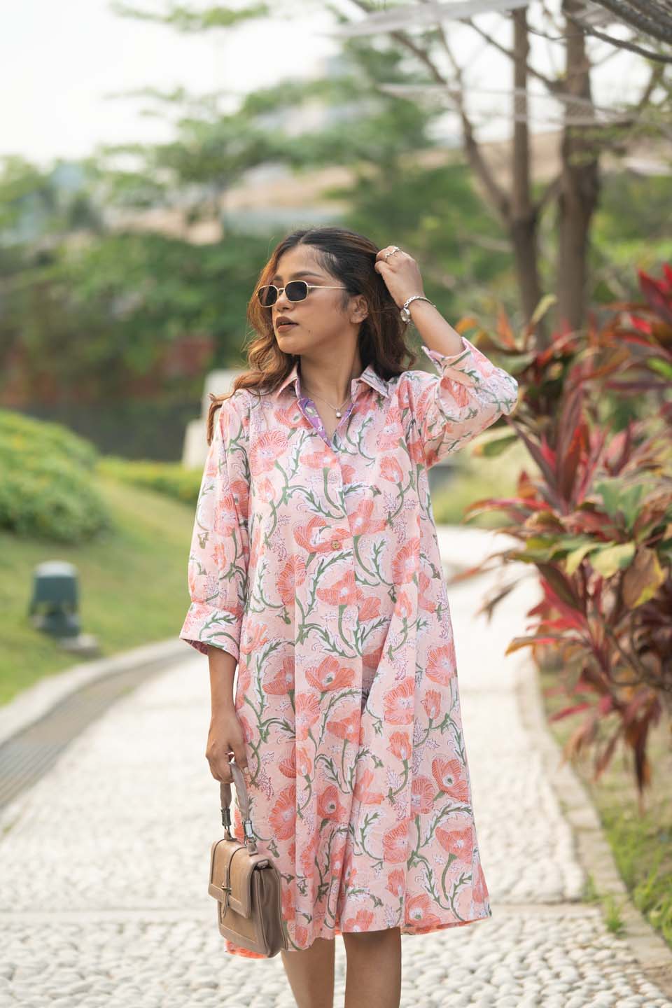 Coral Poppy — Block Print Cotton Midi Shirt Dress