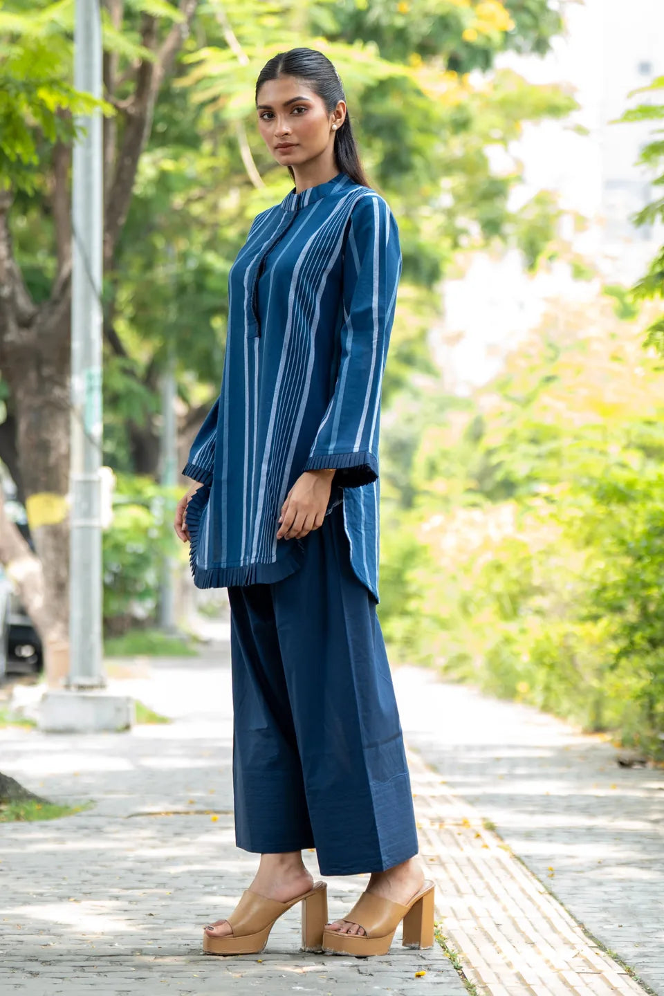 Indigo Reed — Woven Stripe Cotton Tunic & Palazzo Set