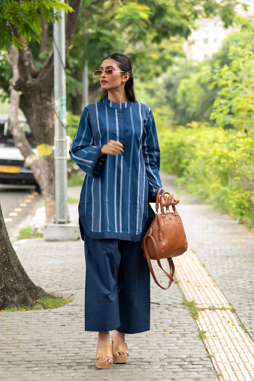 Indigo Reed — Woven Stripe Cotton Tunic & Palazzo Set