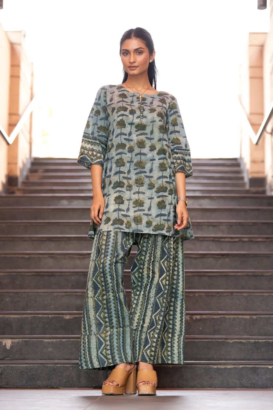 Cypress Trail — Mixed Block Print Cotton Tunic & Palazzo Set