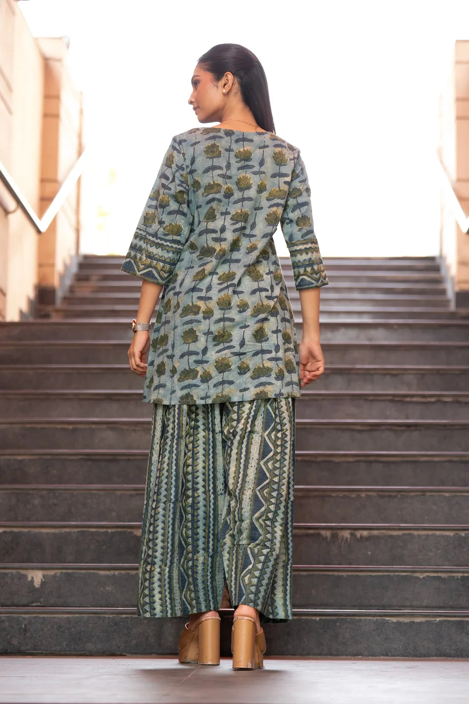Cypress Trail — Mixed Block Print Cotton Tunic & Palazzo Set