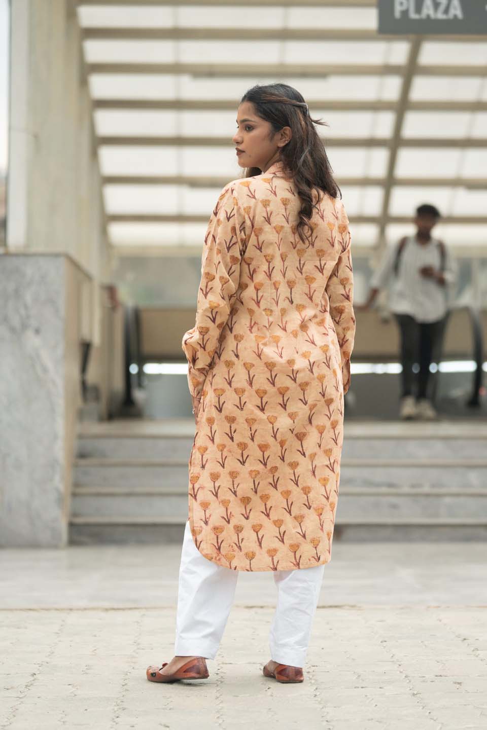 Sand Marigold — Block Print Cotton Long Kurta with Contrast Teal Collar and Cuffs