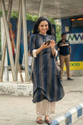 Navy Chalk — Handloom Stripe Cotton Coord Set with Contrast Cream Cuffs