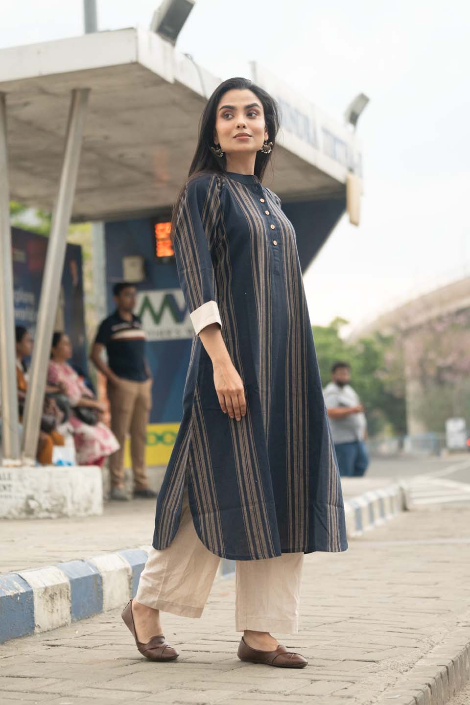 Navy Chalk — Handloom Stripe Cotton Coord Set with Contrast Cream Cuffs