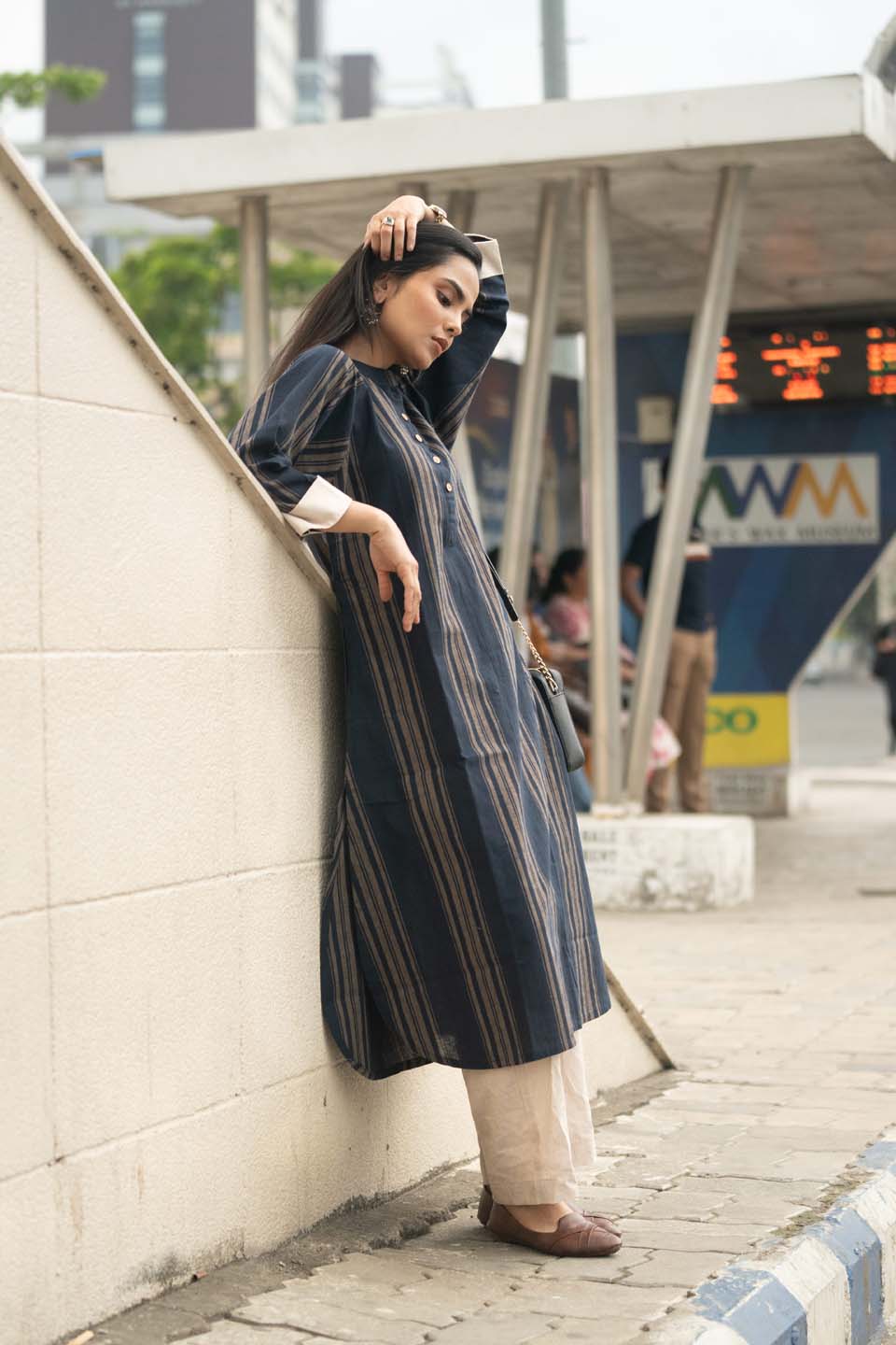Navy Chalk — Handloom Stripe Cotton Coord Set with Contrast Cream Cuffs
