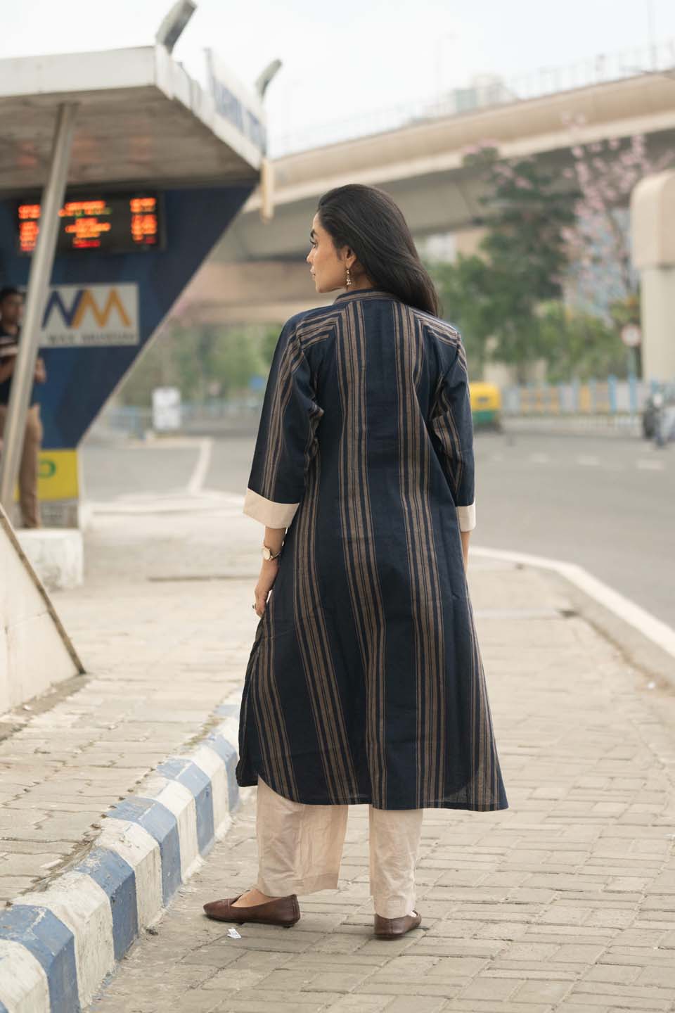 Navy Chalk — Handloom Stripe Cotton Coord Set with Contrast Cream Cuffs