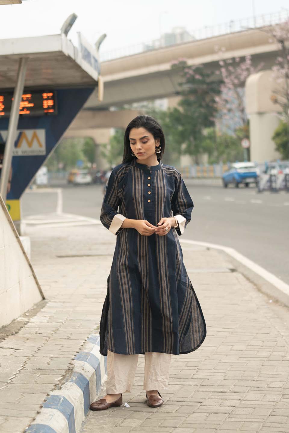 Navy Chalk — Handloom Stripe Cotton Coord Set with Contrast Cream Cuffs