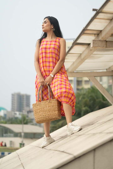 Fiesta Bubble — Handloom Plaid Balloon Dress with Adjustable Hem