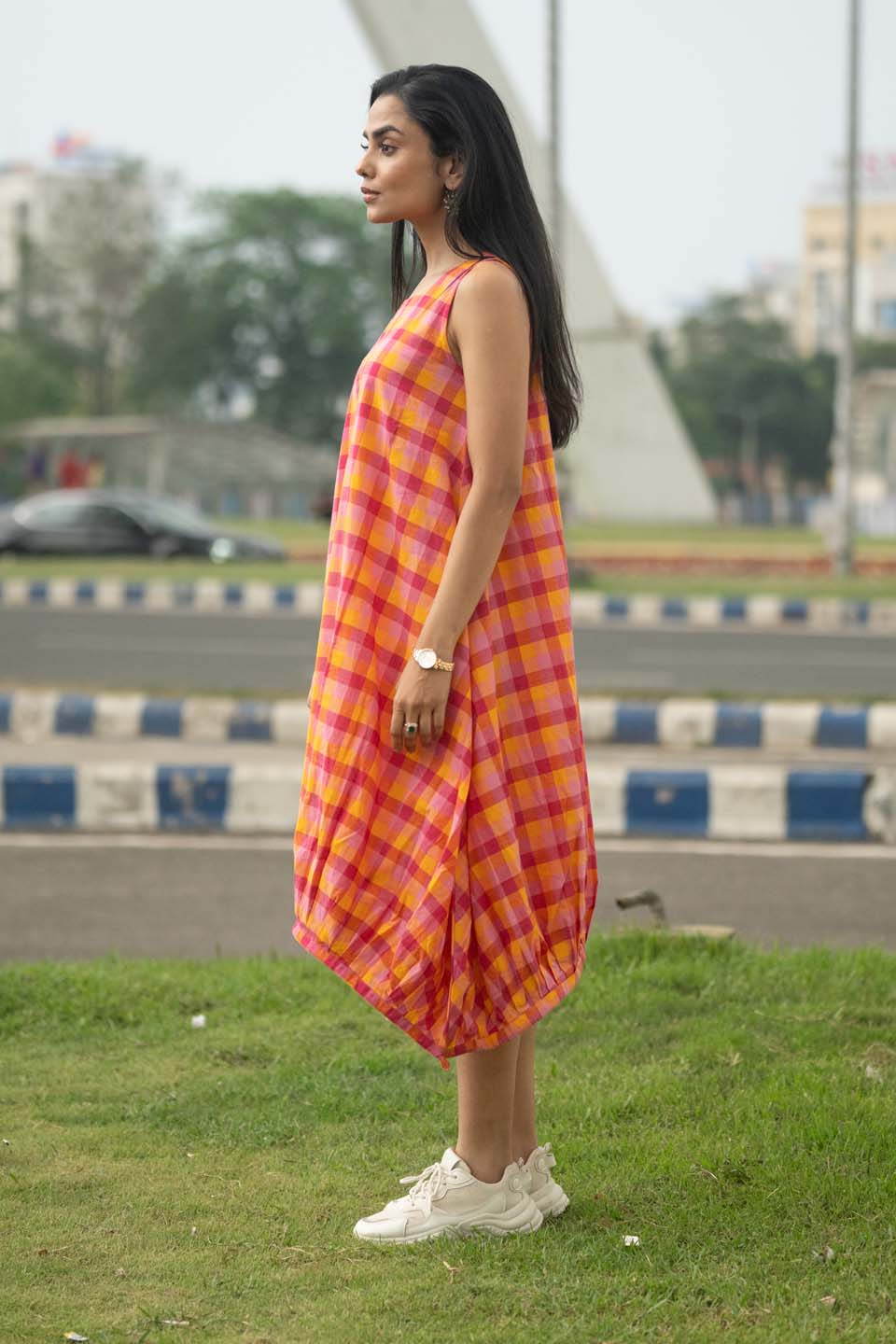 Fiesta Bubble — Handloom Plaid Balloon Dress with Adjustable Hem