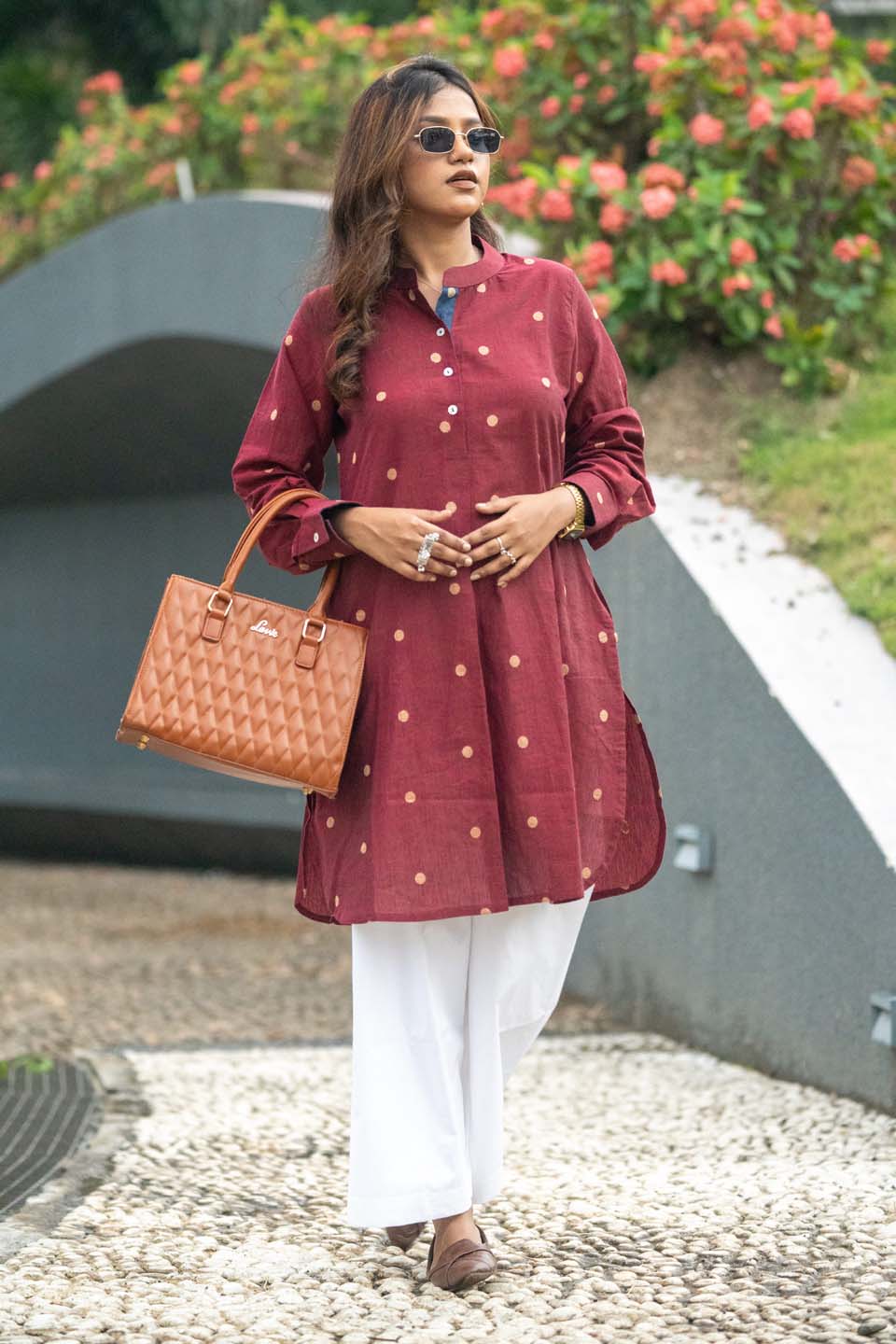 Garnet Coin — Handloom Cotton A-Line Kurta with Woven Gold Buti