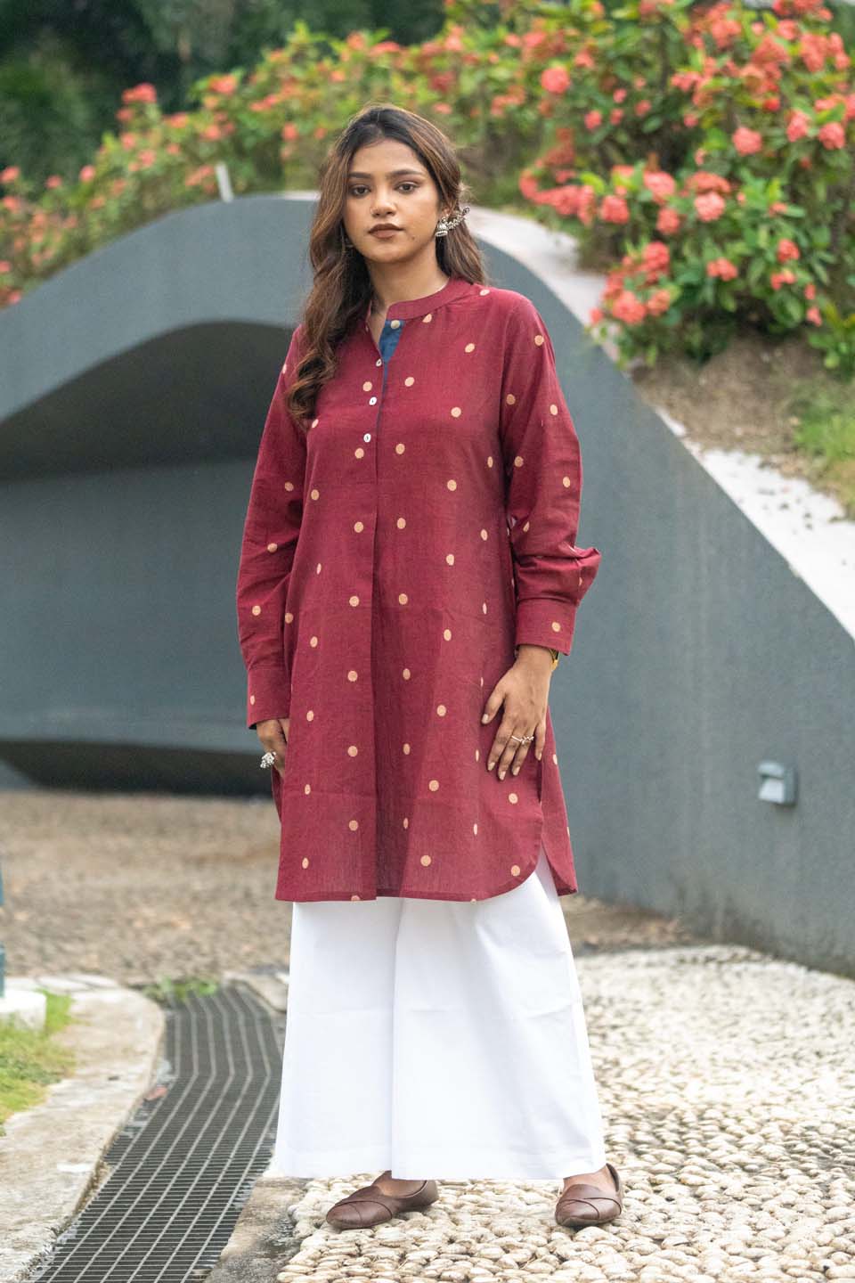 Garnet Coin — Handloom Cotton A-Line Kurta with Woven Gold Buti