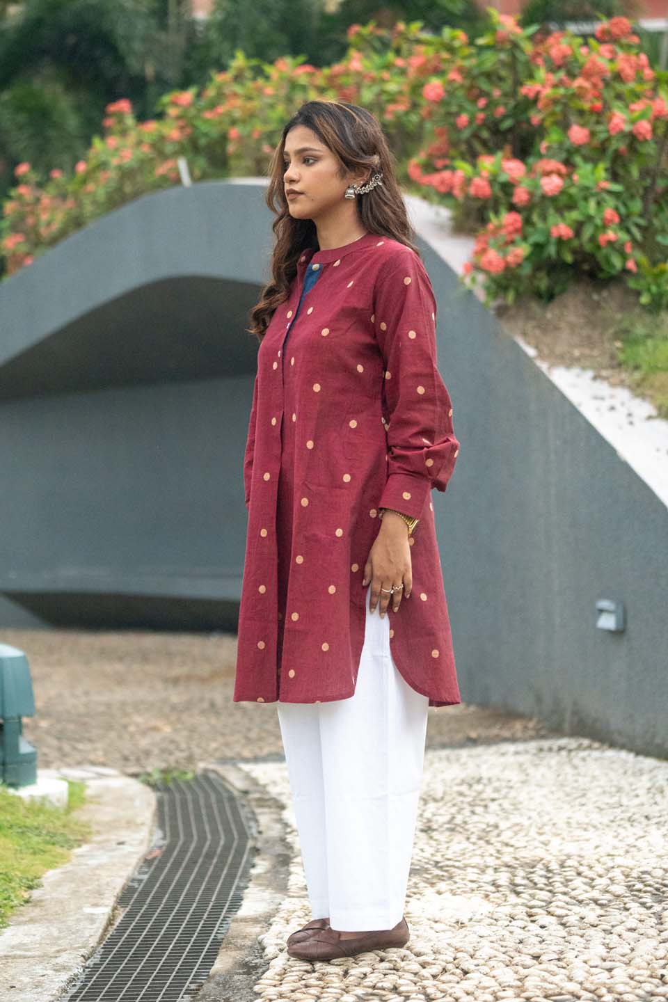 Garnet Coin — Handloom Cotton A-Line Kurta with Woven Gold Buti