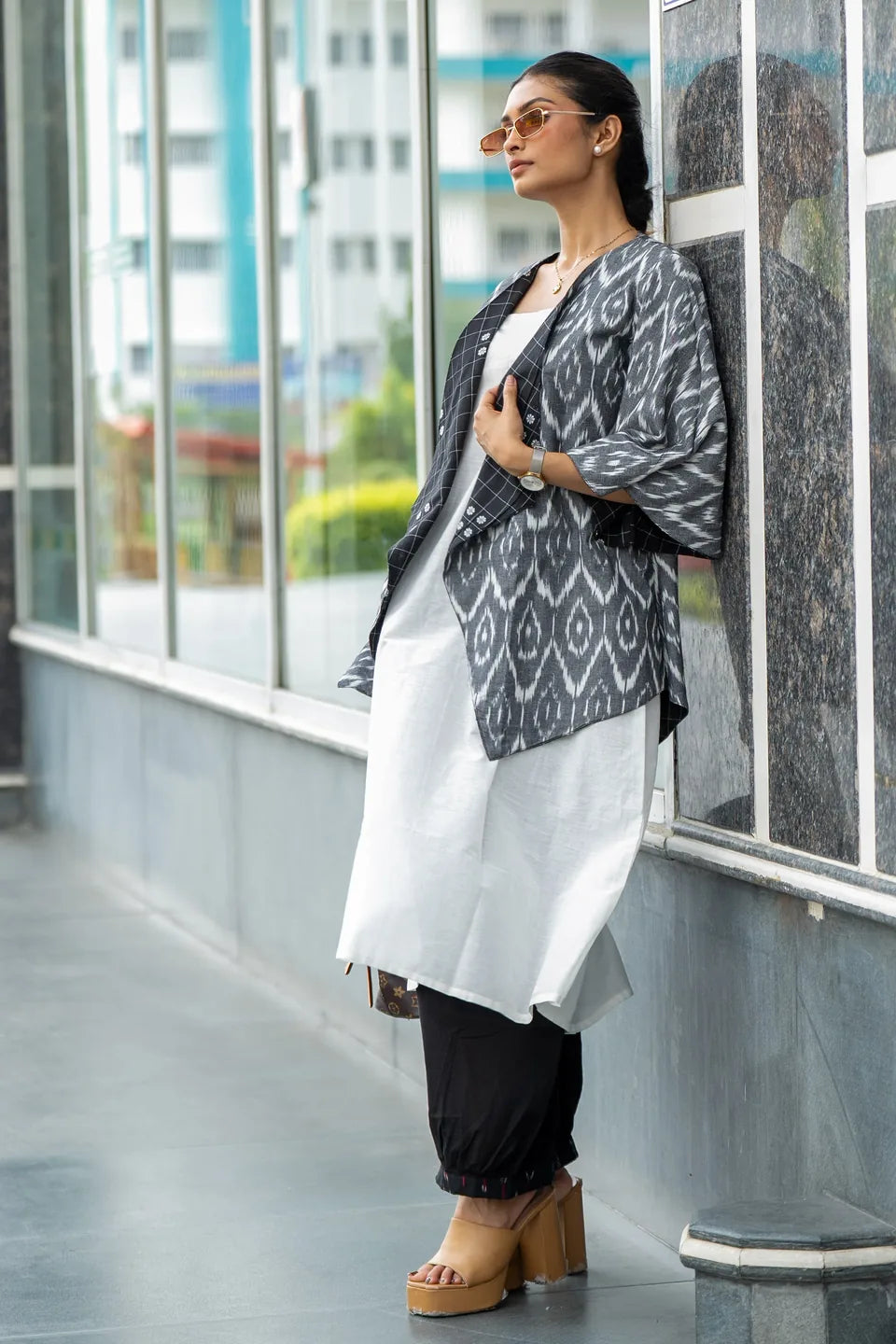 Domino Drape — Reversible Check & Grey Ikat Cotton Waterfall Shrug