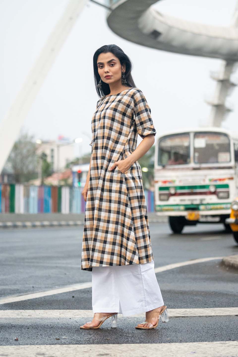 Amber Grid — Handloom Woven Check Kurta with Back Button Detail