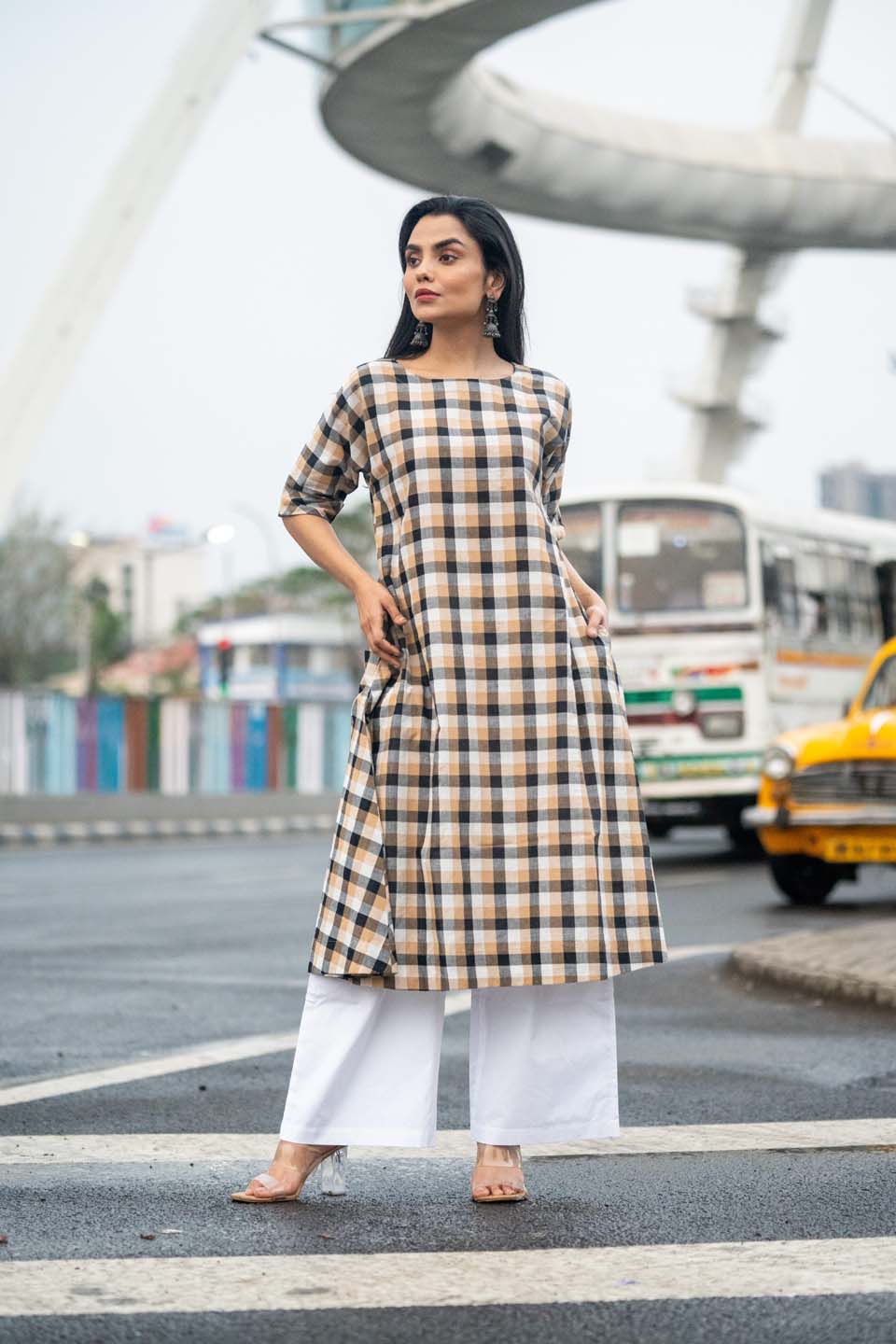 Amber Grid — Handloom Woven Check Kurta with Back Button Detail