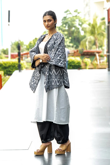 Domino Drape — Reversible Check & Grey Ikat Cotton Waterfall Shrug