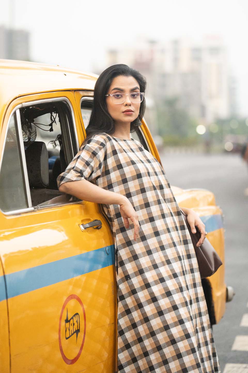 Amber Grid — Handloom Woven Check Kurta with Back Button Detail