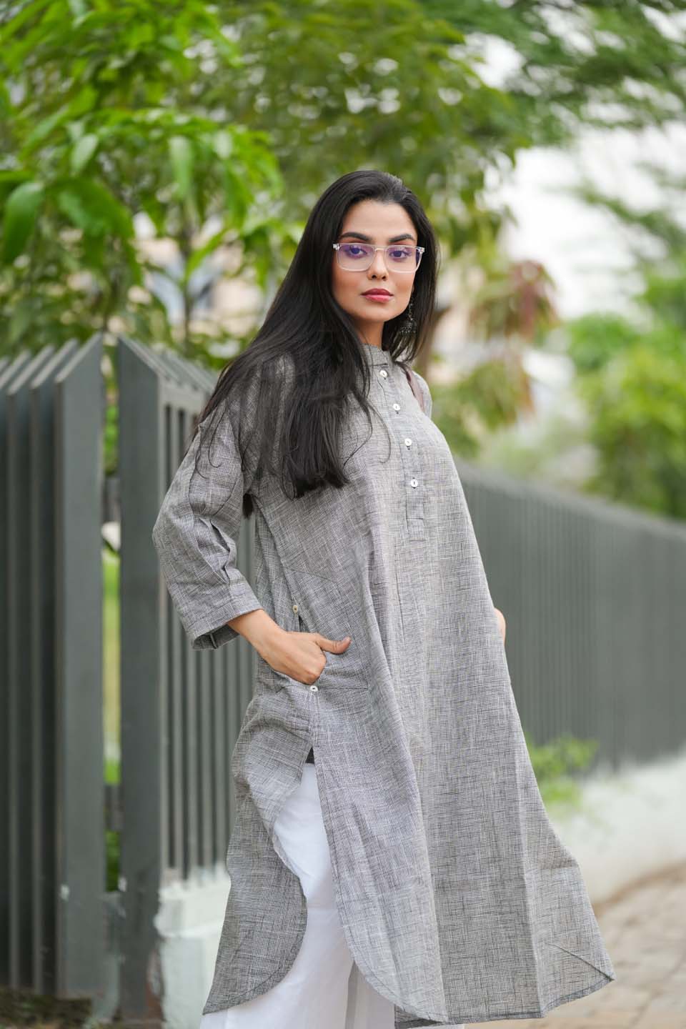 Slate Ease — Handloom Cotton Long Kurta with Back Pleat