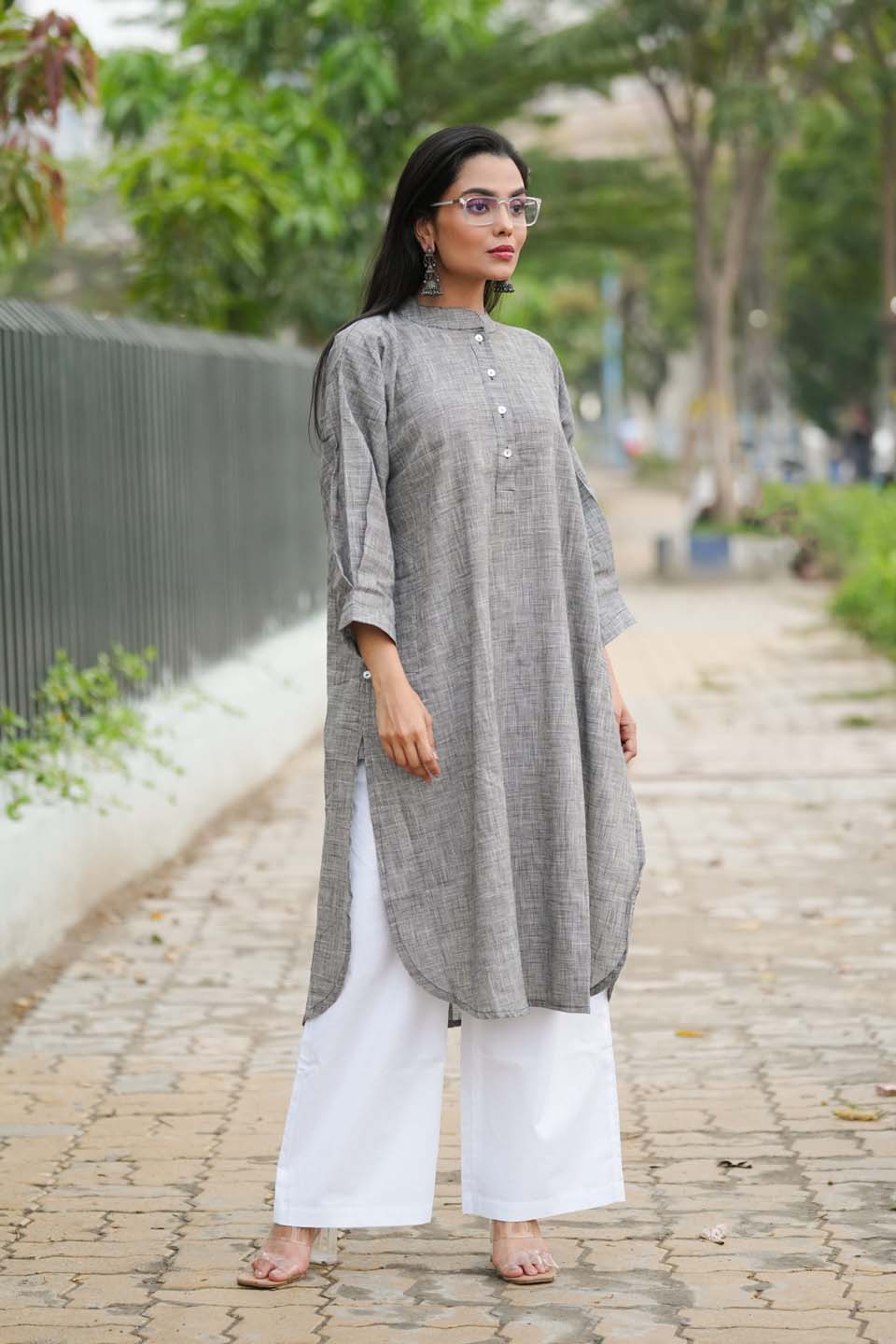 Slate Ease — Handloom Cotton Long Kurta with Back Pleat