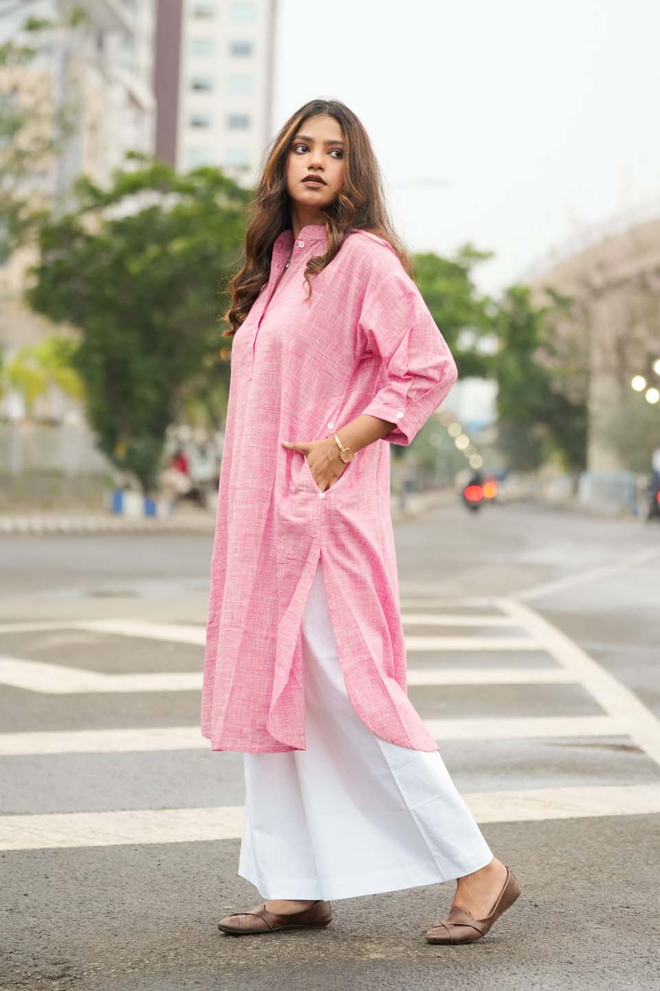 Candy Pleat — Handloom Cotton Antifit Kurta in Rani Pink