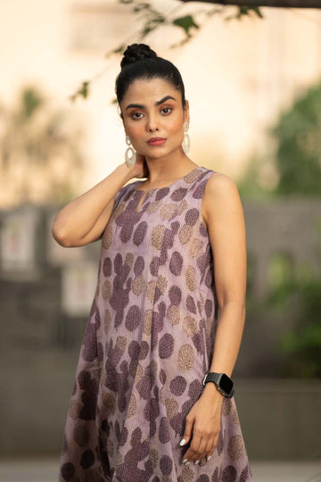 Mauve Leaf — Sleeveless A-Line Knee Dress in Bold Botanical Block Print