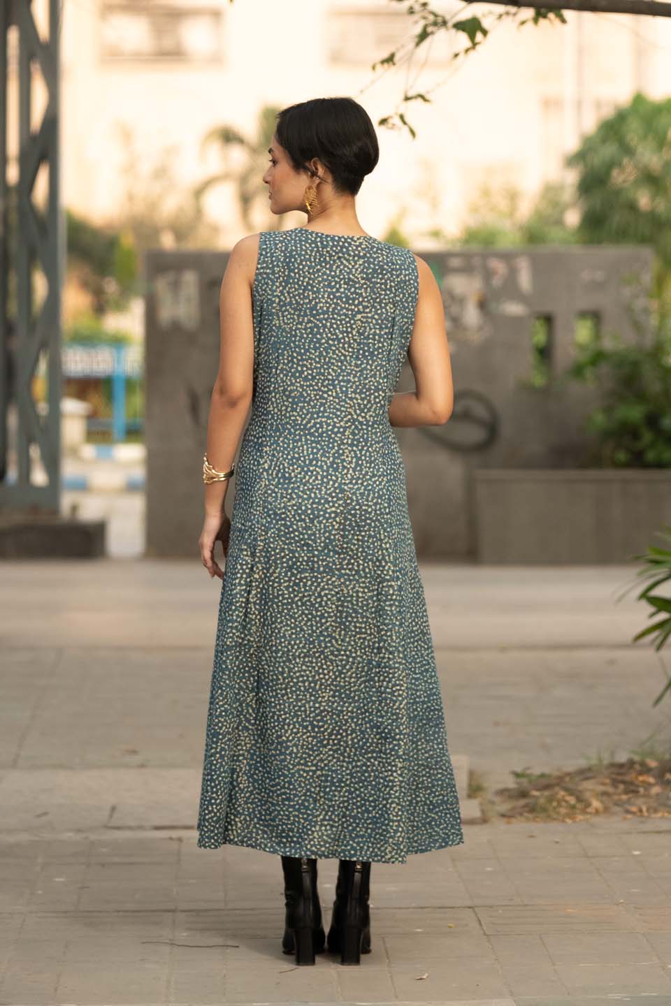 Teal Buti — Sleeveless A-Line Flared Cotton Dress in Scattered Buti Print
