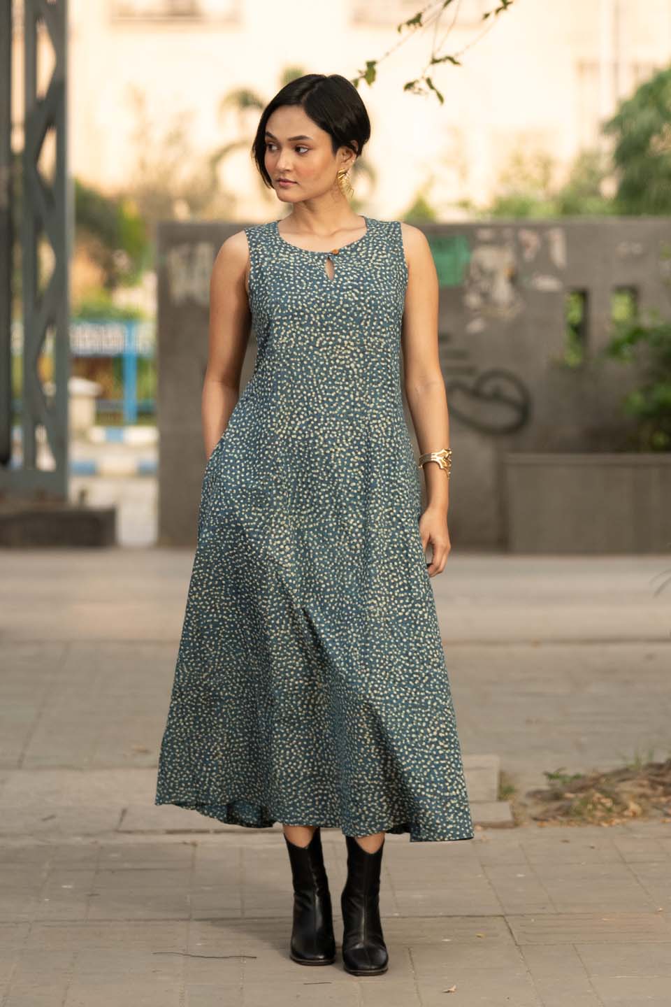 Teal Buti — Sleeveless A-Line Flared Cotton Dress in Scattered Buti Print