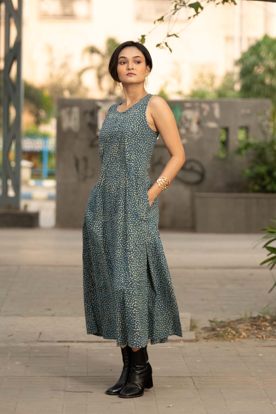 Teal Buti — Sleeveless A-Line Flared Cotton Dress in Scattered Buti Print