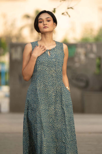 Teal Buti — Sleeveless A-Line Flared Cotton Dress in Scattered Buti Print