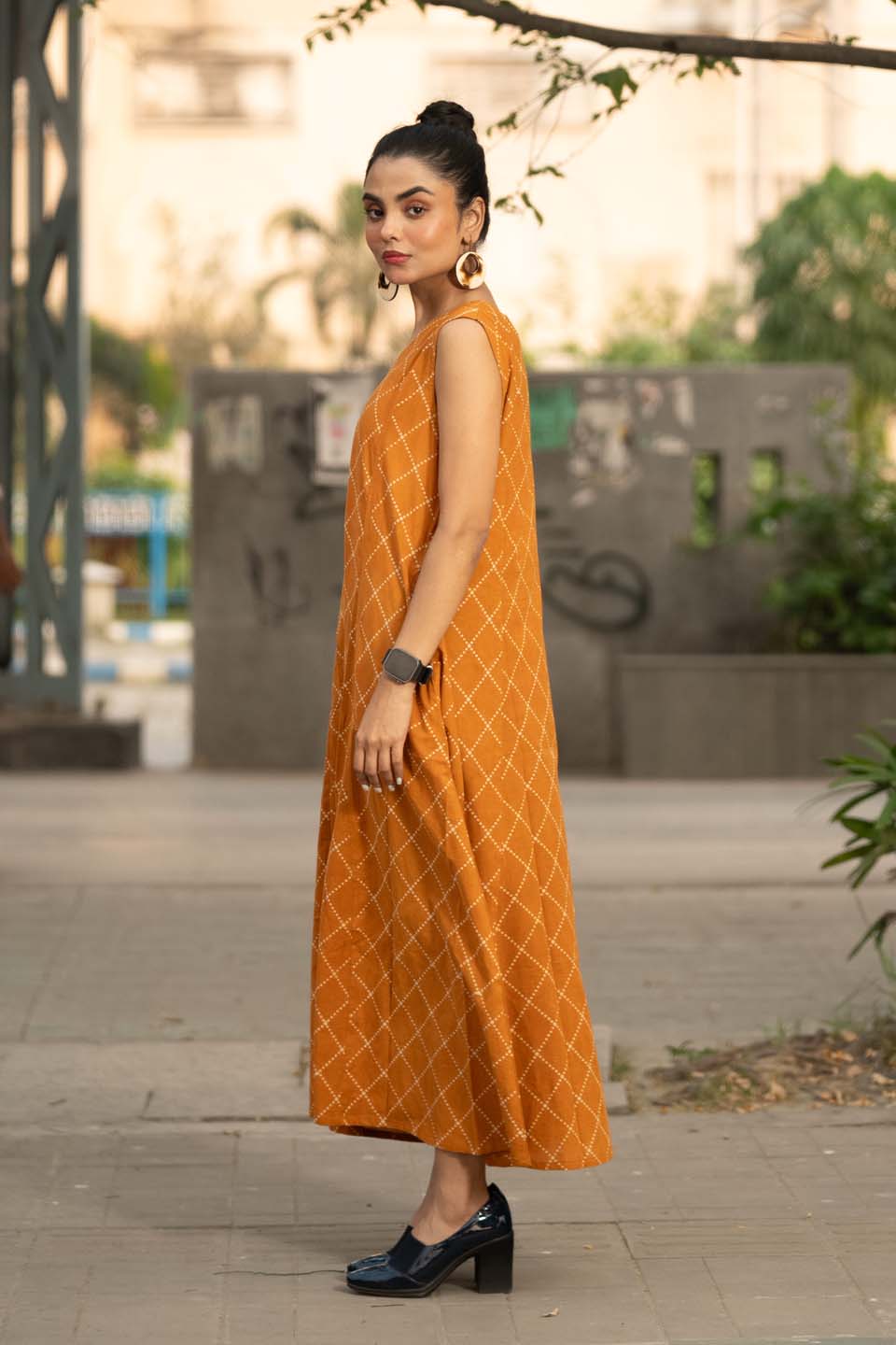 Amber Jaal — Sleeveless A-Line Cotton Dress in Dotted Diamond Print